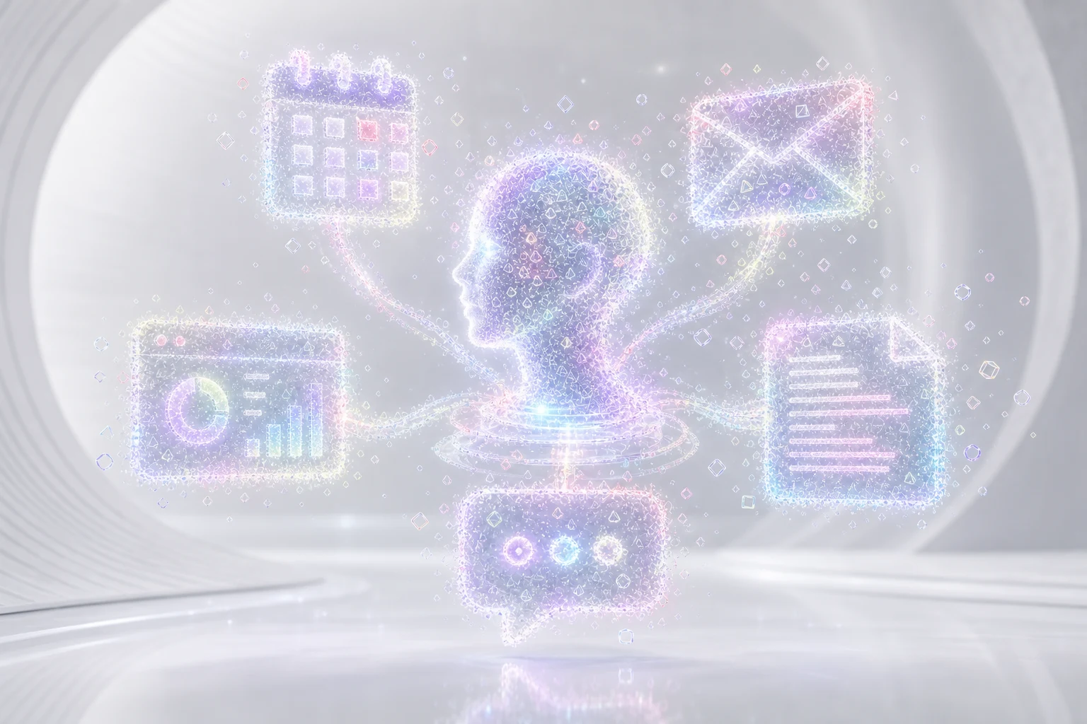 AI-ассистент и рабочие инструменты из светящихся частиц